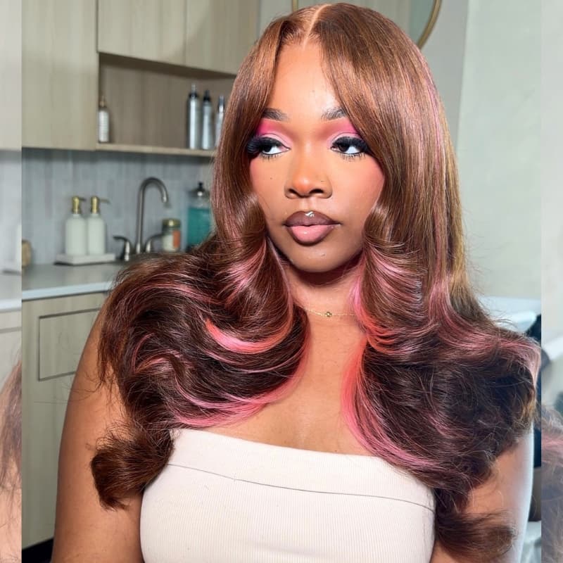 SZC Chocolate Brown Rose Pink Highlights 13x4 Lace Front Human Hair Wig 200 Density