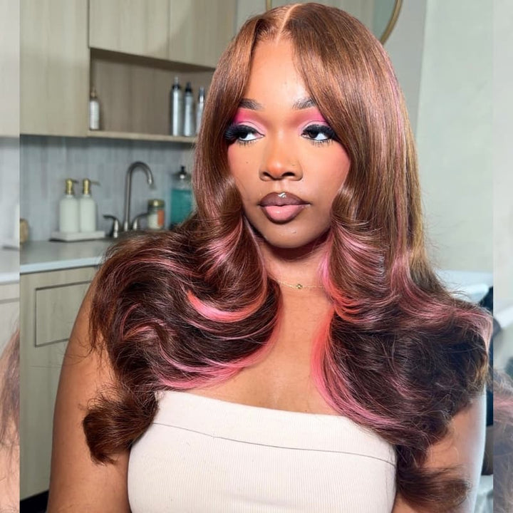 SZC Chocolate Brown Rose Pink Highlights 13x4 Lace Front Human Hair Wig 200 Density