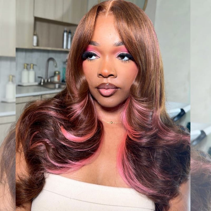SZC Chocolate Brown Rose Pink Highlights 13x4 Lace Front Human Hair Wig 200 Density