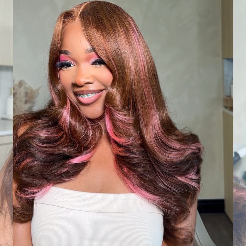 SZC Chocolate Brown Rose Pink Highlights 13x4 Lace Front Human Hair Wig 200 Density