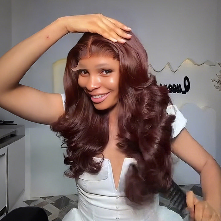 SZC Chocolate Cherry Reddish Brown 250 300 Density 13x4 Lace Front Human Hair Wig