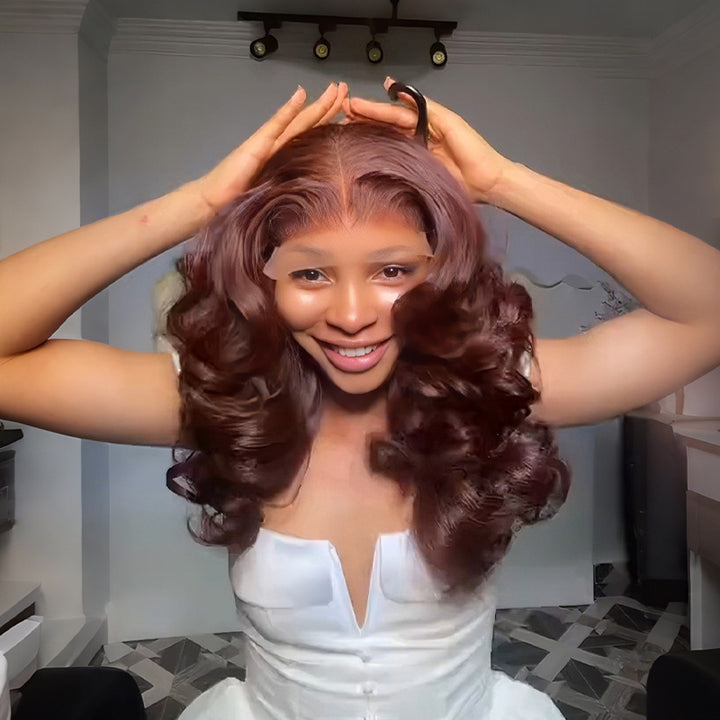 SZC Chocolate Cherry Reddish Brown 250 300 Density 13x4 Lace Front Human Hair Wig