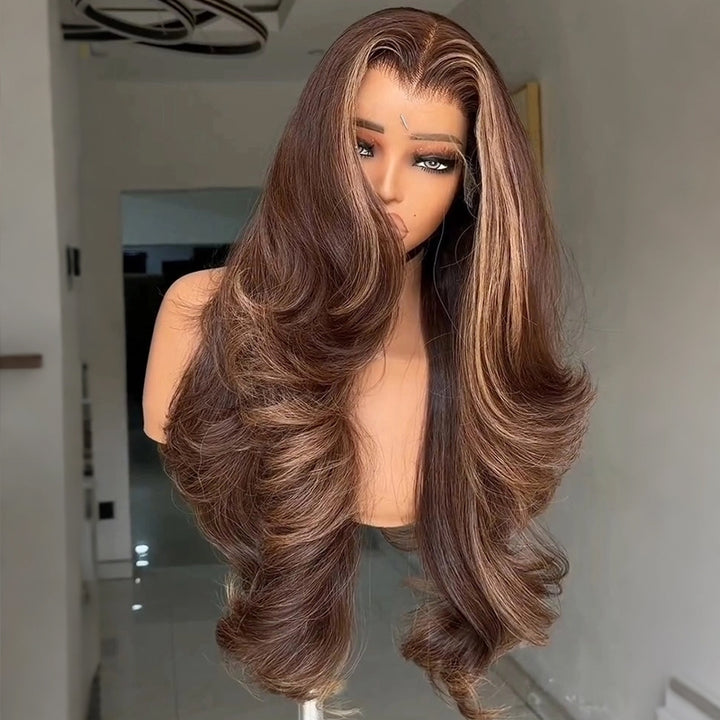 SZC Chocolate Chestnut Brown With Caramel Honey Blonde Highlights 13x4 Lace Front Human Hair Wig