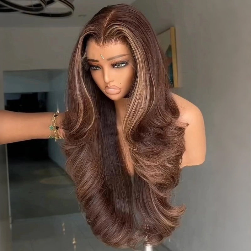 SZC Chocolate Chestnut Brown With Caramel Honey Blonde Highlights 13x4 Lace Front Human Hair Wig