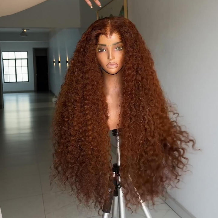 SZC Copper Auburn Orange Brown Deep Curly 250 300 Density 13x4 Lace Front Human Hair Wig