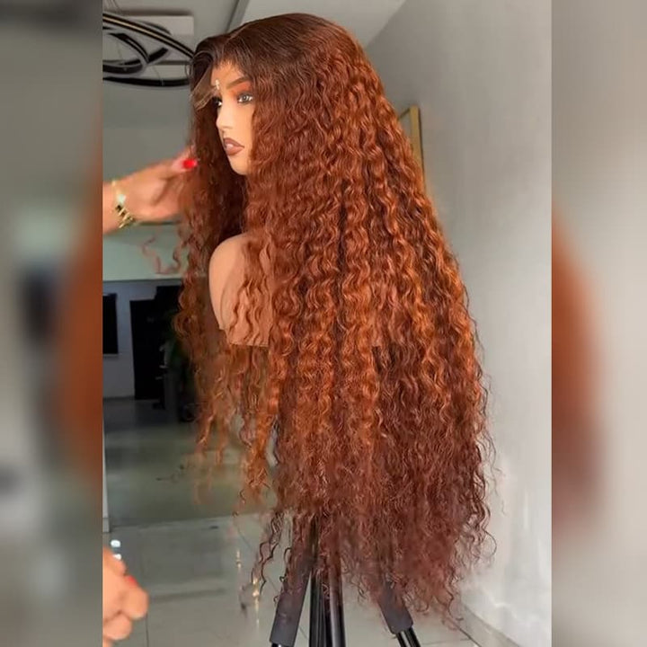 SZC Copper Auburn Orange Brown Deep Curly 250 300 Density 13x4 Lace Front Human Hair Wig
