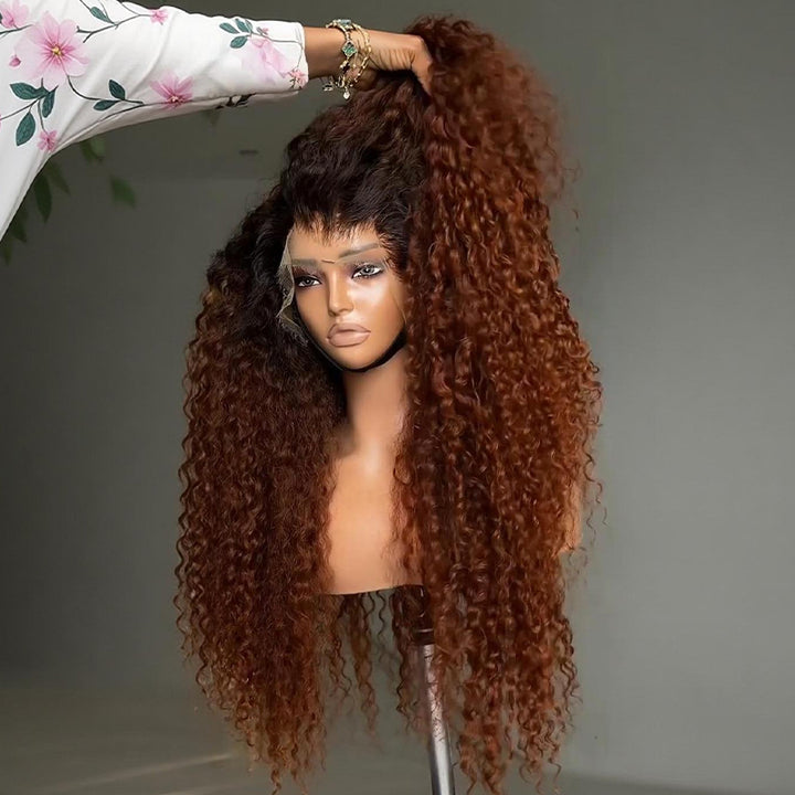 SZC Copper Auburn Orange Brown Deep Curly 250 300 Density 13x4 Lace Front Human Hair Wig