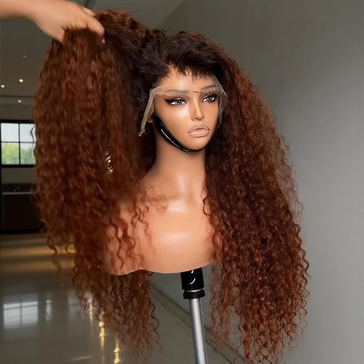 SZC Copper Auburn Orange Brown Deep Curly 250 300 Density 13x4 Lace Front Human Hair Wig