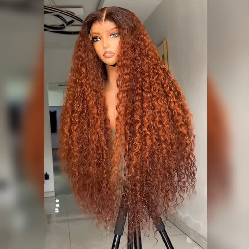 SZC Copper Auburn Orange Brown Deep Curly 250 300 Density 13x4 Lace Front Human Hair Wig