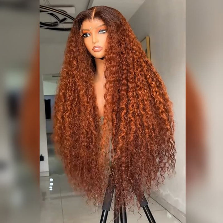 SZC Copper Auburn Orange Brown Deep Curly 250 300 Density 13x4 Lace Front Human Hair Wig