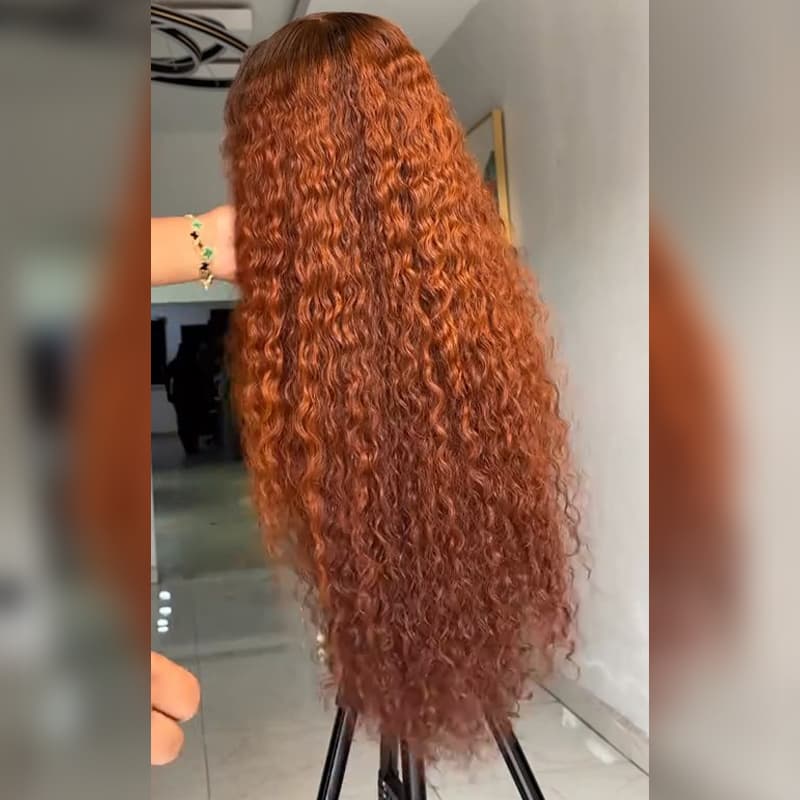 SZC Copper Auburn Orange Brown Deep Curly 250 300 Density 13x4 Lace Front Human Hair Wig