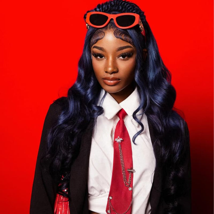 SZC Dark Blue Student Affordable Back to School Graduation College Girl 13x4 Lace Front Human Hair Wigs