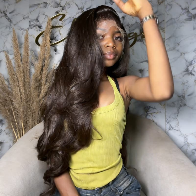 SZC Dark Brown 42 40 38 36 34 32 30 inch Knee Length 13x4 Lace Front Human Hair Wigs