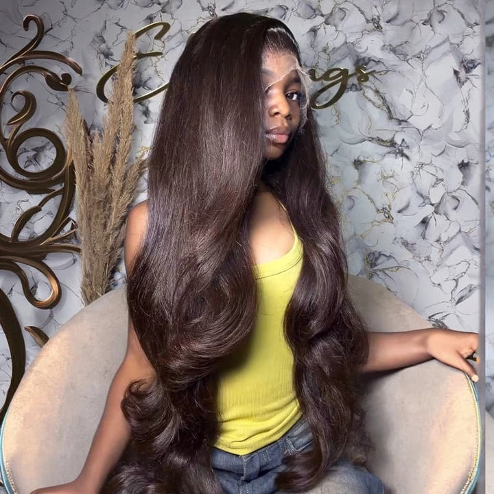 SZC Dark Brown 42 40 38 36 34 32 30 inch Knee Length 13x4 Lace Front Human Hair Wigs