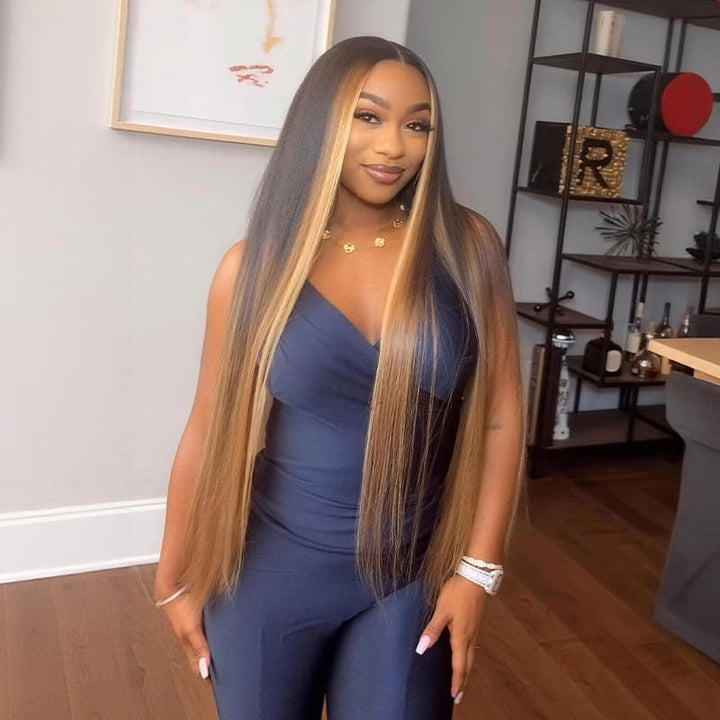 SZC Dark Brown Caramel Blonde Face-Framing Highlights Bone Straight 300 Density 13x4 Lace Front Human Hair Wigs