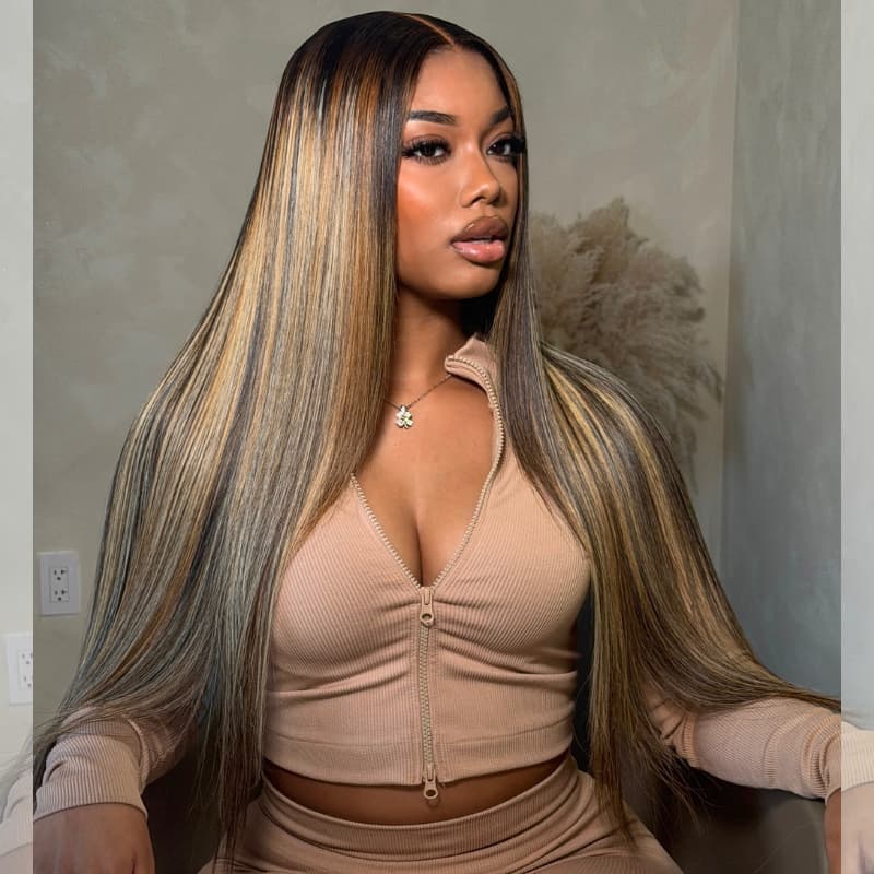 SZC Dark Brown Caramel Blonde Highlights Bone Straight 300 Density 13x4 Lace Front Human Hair Wigs