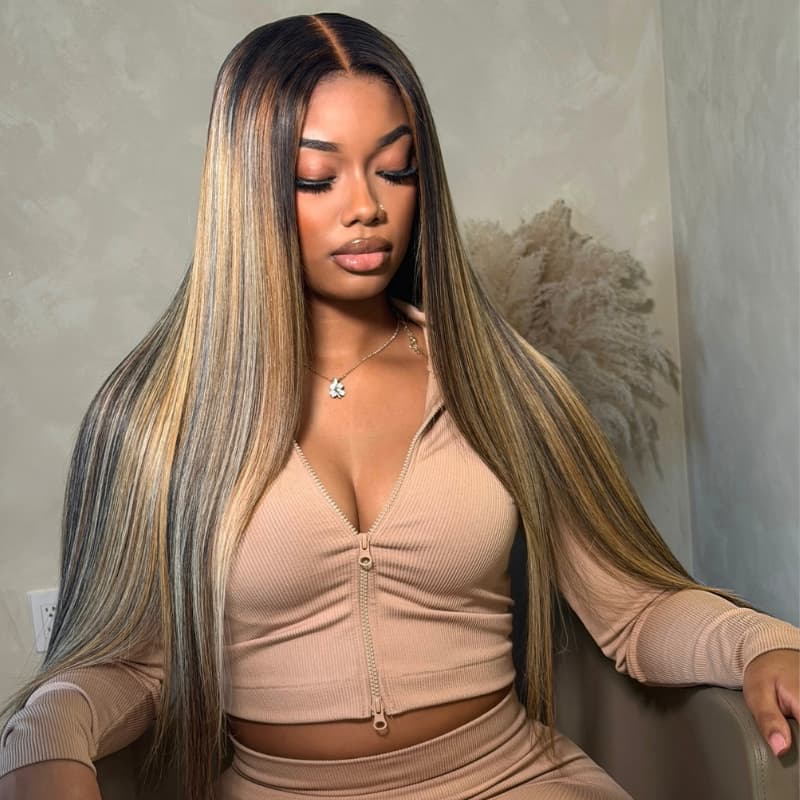 SZC Dark Brown Caramel Blonde Highlights Bone Straight 300 Density 13x4 Lace Front Human Hair Wigs