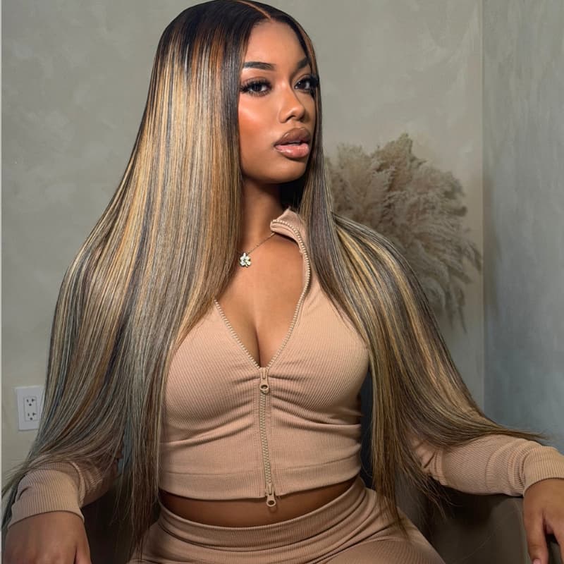 SZC Dark Brown Caramel Blonde Highlights Bone Straight 300 Density 13x4 Lace Front Human Hair Wigs