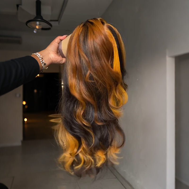 SZC Dark Brown Golden Blonde Highlight Body Wave Lace Front Human Hair Wig