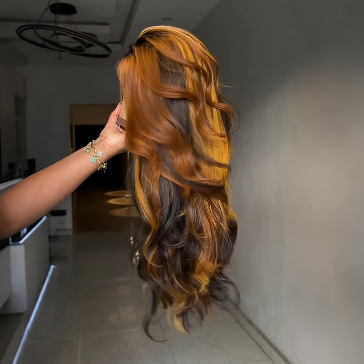 SZC Dark Brown Golden Blonde Highlight Body Wave Lace Front Human Hair Wig