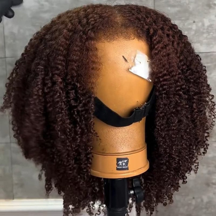 SZC Dark Burgundy Brown Coily Kinky Curly Short Bob 13x4 Lace Front Human Hair Wigs