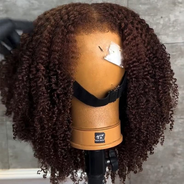 SZC Dark Burgundy Brown Coily Kinky Curly Short Bob 13x4 Lace Front Human Hair Wigs