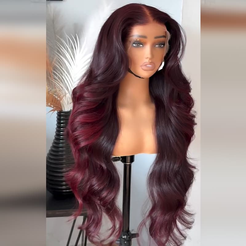 SZC Dark Burgundy Red Loose Wavy 300 Density 13x4 Lace Front Human Hair Wigs