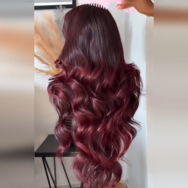 SZC Dark Burgundy Red Loose Wavy 300 Density 13x4 Lace Front Human Hair Wigs