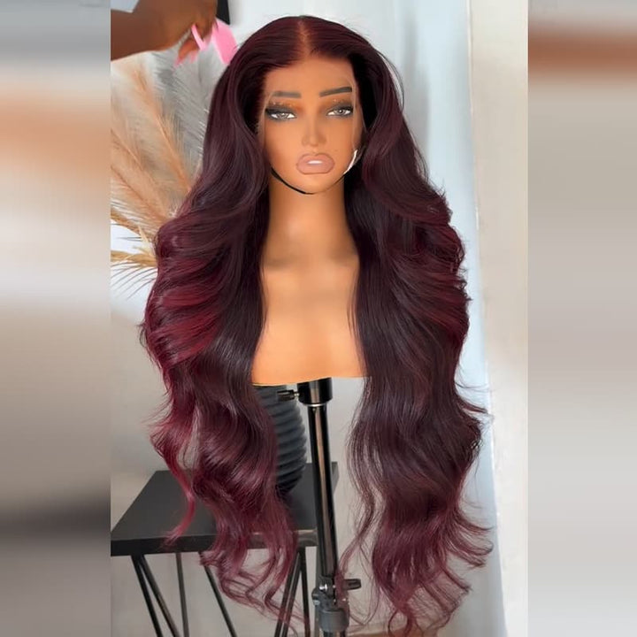 SZC Dark Burgundy Red Loose Wavy 300 Density 13x4 Lace Front Human Hair Wigs