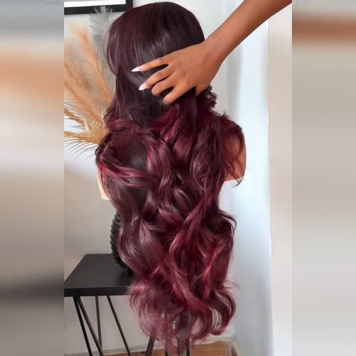 SZC Dark Burgundy Red Loose Wavy 300 Density 13x4 Lace Front Human Hair Wigs