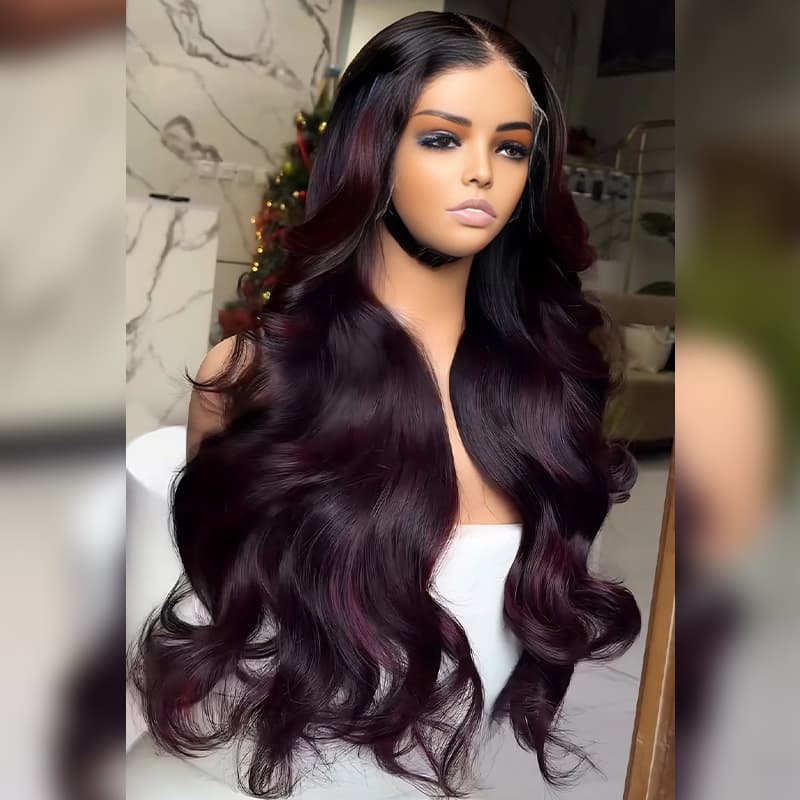 SZC Dark Burgundy Red Natural Wave Long wigs Remy Human Hair 250 300 Density