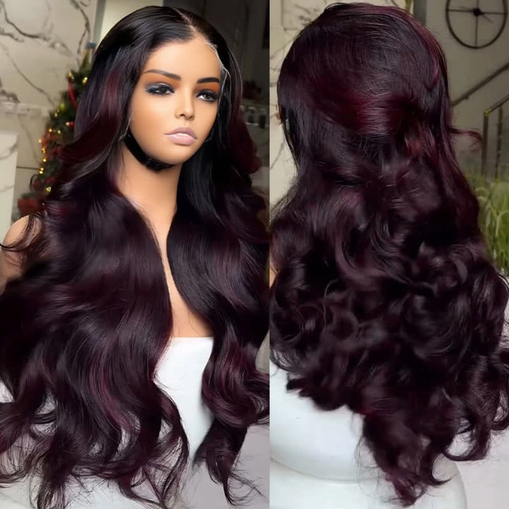 SZC Dark Burgundy Red Natural Wave Long wigs Remy Human Hair 250 300 Density