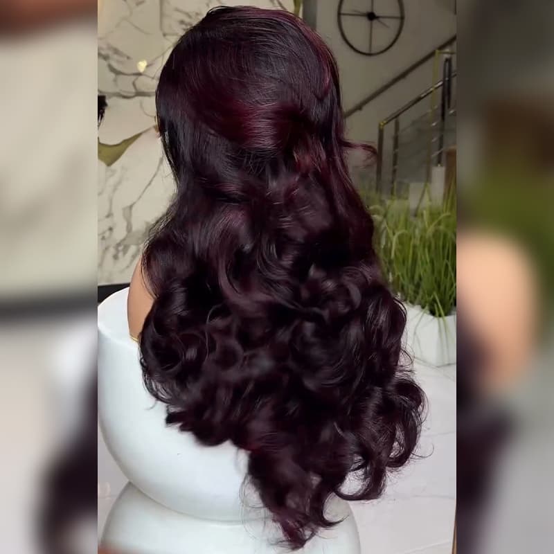 SZC Dark Burgundy Red Natural Wave Long wigs Remy Human Hair 250 300 Density