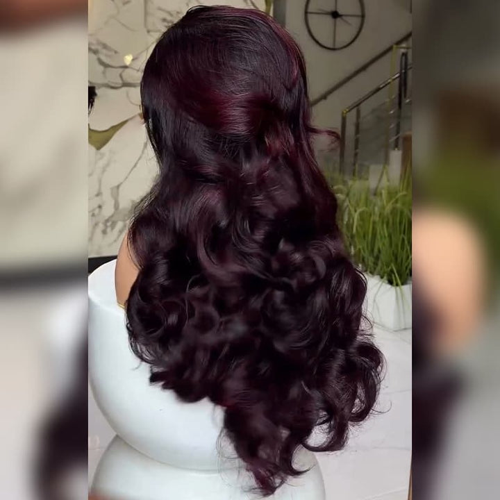SZC Dark Burgundy Red Natural Wave Long wigs Remy Human Hair 250 300 Density