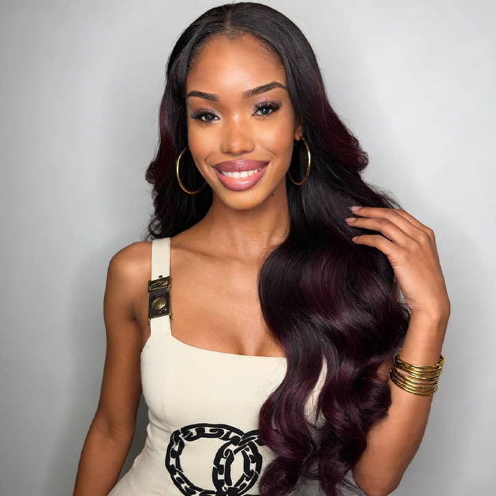 SZC Dark Burgundy Red Natural Wave Long wigs Remy Human Hair 250 300 Density