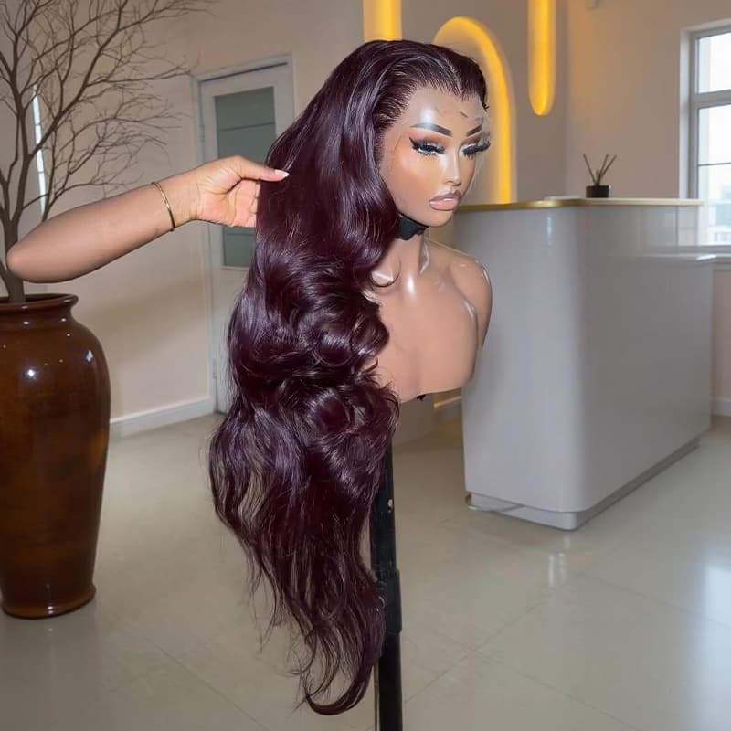 SZC Dark Burgundy Red Wavy 300 Density 13x4 Lace Front Human Hair Wigs