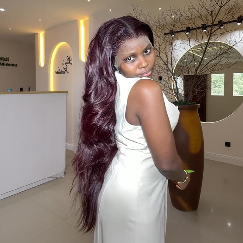SZC Dark Burgundy Red Wavy 300 Density 13x4 Lace Front Human Hair Wigs
