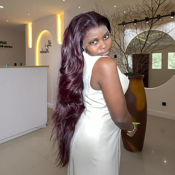 SZC Dark Burgundy Red Wavy 300 Density 13x4 Lace Front Human Hair Wigs