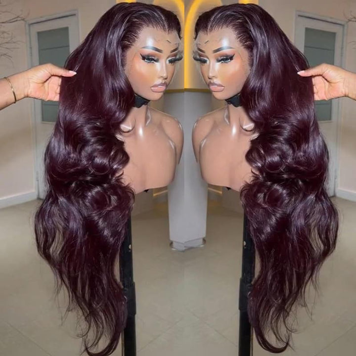 SZC Dark Burgundy Red Wavy 300 Density 13x4 Lace Front Human Hair Wigs