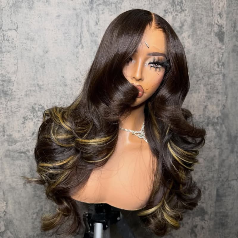 SZC Dark Chocolate Brown With Honey  Blonde Golden Highlights 13x4 Lace Front Human Hair Wigs