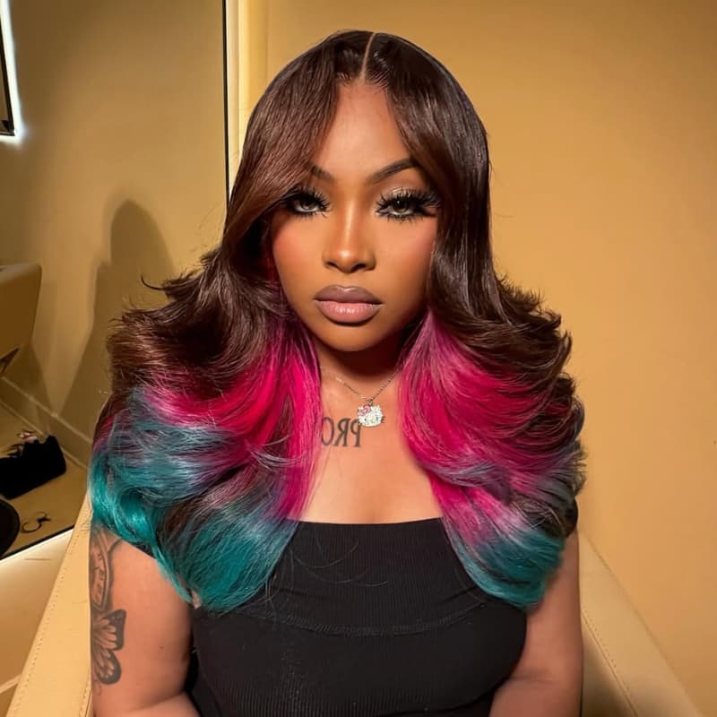 SZC Dark Chocolate Brown With Vibrant Hot Pink Bold Turquoise Teal Green Ombre 13X4 Lace Front Human Hair Wigs