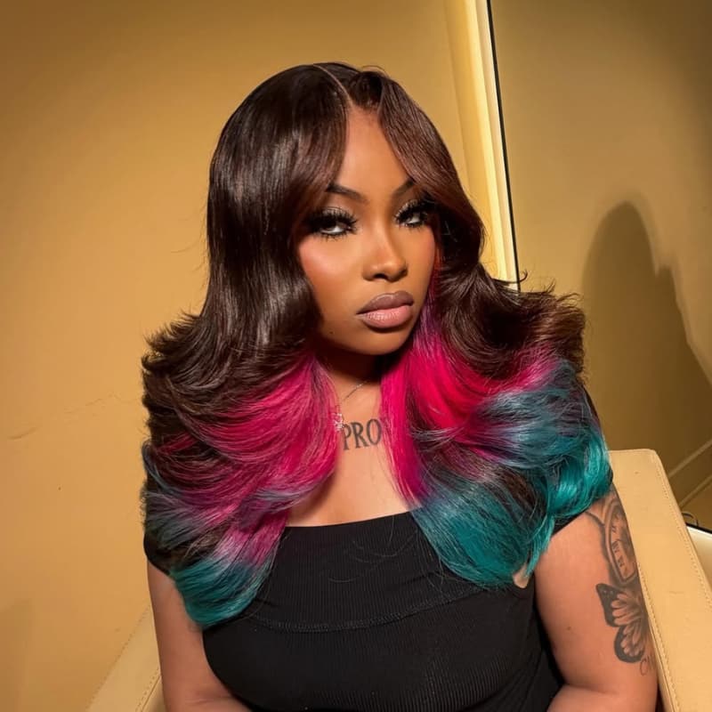 SZC Dark Chocolate Brown With Vibrant Hot Pink Bold Turquoise Teal Green Ombre 13X4 Lace Front Human Hair Wigs
