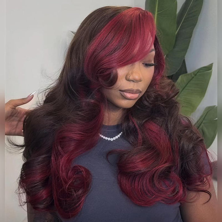 SZC Dark Chocolate Brown with Burgundy Cherry Red Highlights 13x4 Lace Front Virgin Human Hair Wig