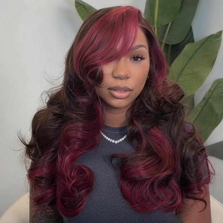 SZC Dark Chocolate Brown with Burgundy Cherry Red Highlights 13x4 Lace Front Virgin Human Hair Wig