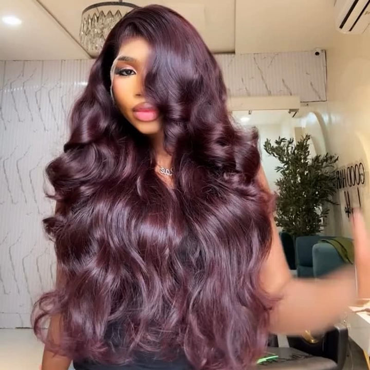 SZC Dark Purple Burgundy Red Bouncy Loose Wave 13X4 Lace Front Remy Human Hair Wigs 250 300 Density