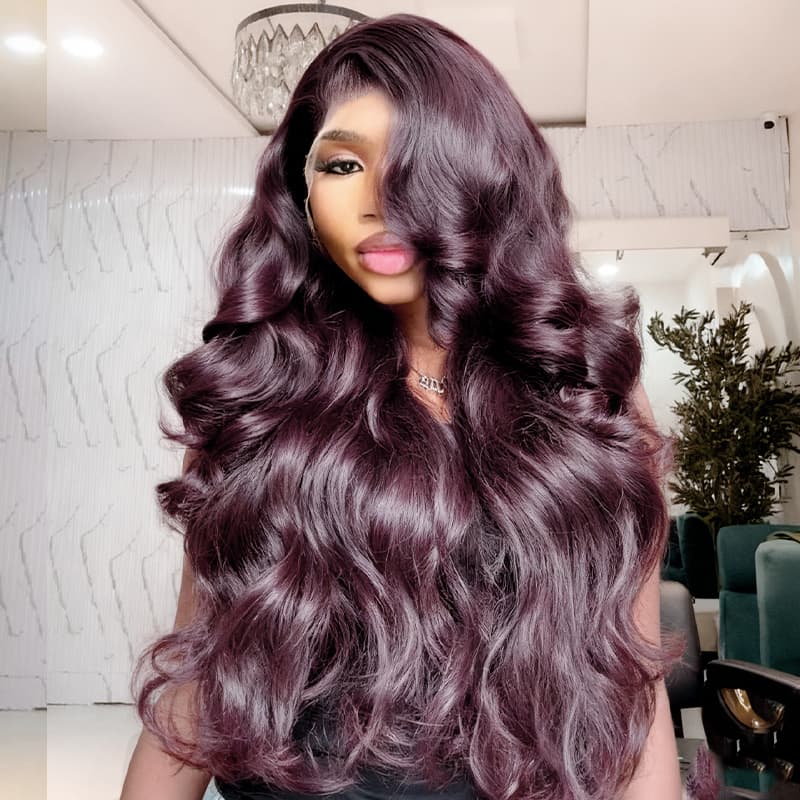 SZC Dark Purple Burgundy Red Bouncy Loose Wave 13X4 Lace Front Remy Human Hair Wigs 250 300 Density