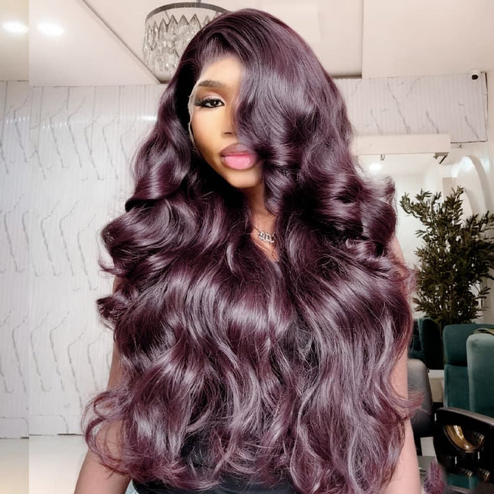 SZC Dark Purple Burgundy Red Bouncy Loose Wave 13X4 Lace Front Remy Human Hair Wigs 250 300 Density