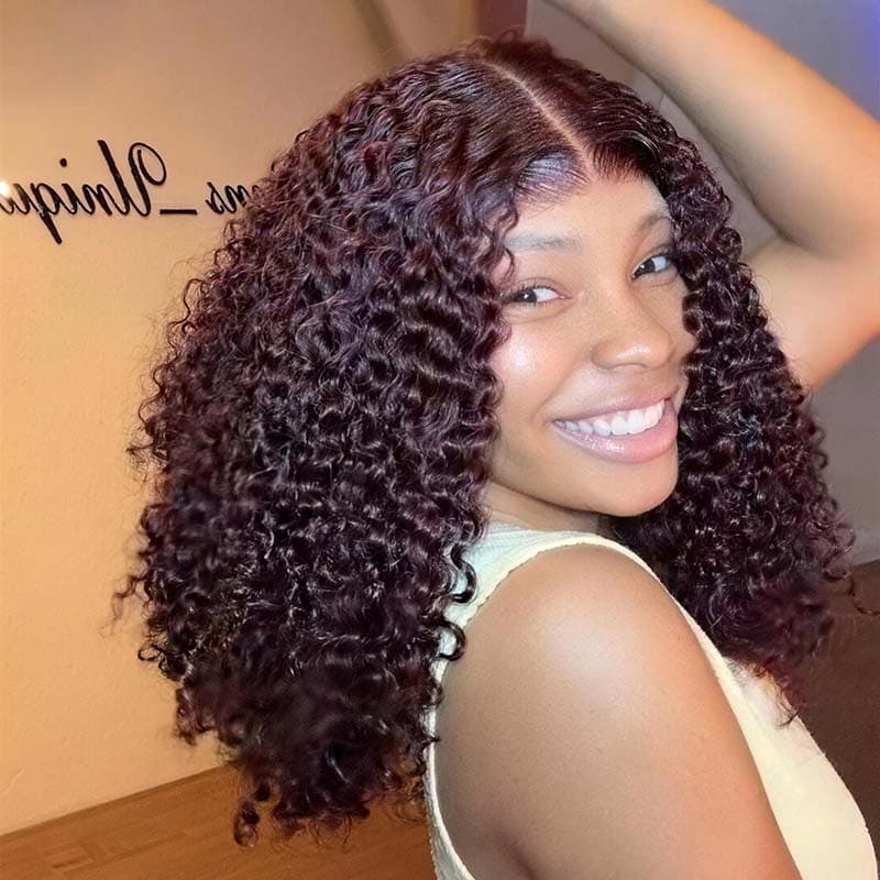 SZC Deep Burgundy Red Defined Tight Curly Short Bob 13x4 Lace Front Human Hair Wigs