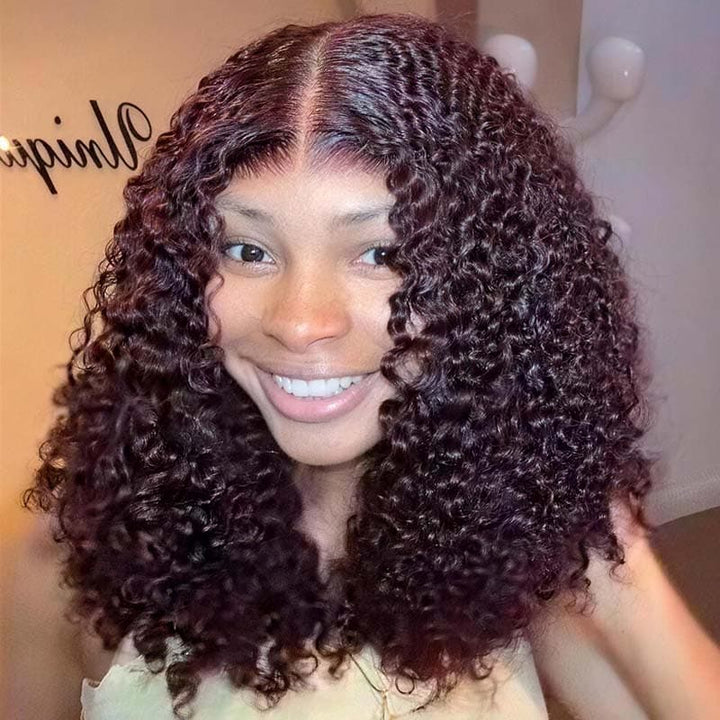 SZC Deep Burgundy Red Defined Tight Curly Short Bob 13x4 Lace Front Human Hair Wigs