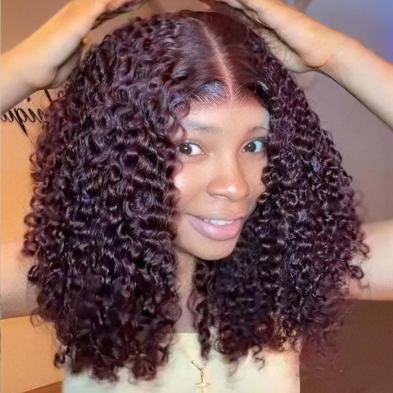 SZC Deep Burgundy Red Defined Tight Curly Short Bob 13x4 Lace Front Human Hair Wigs